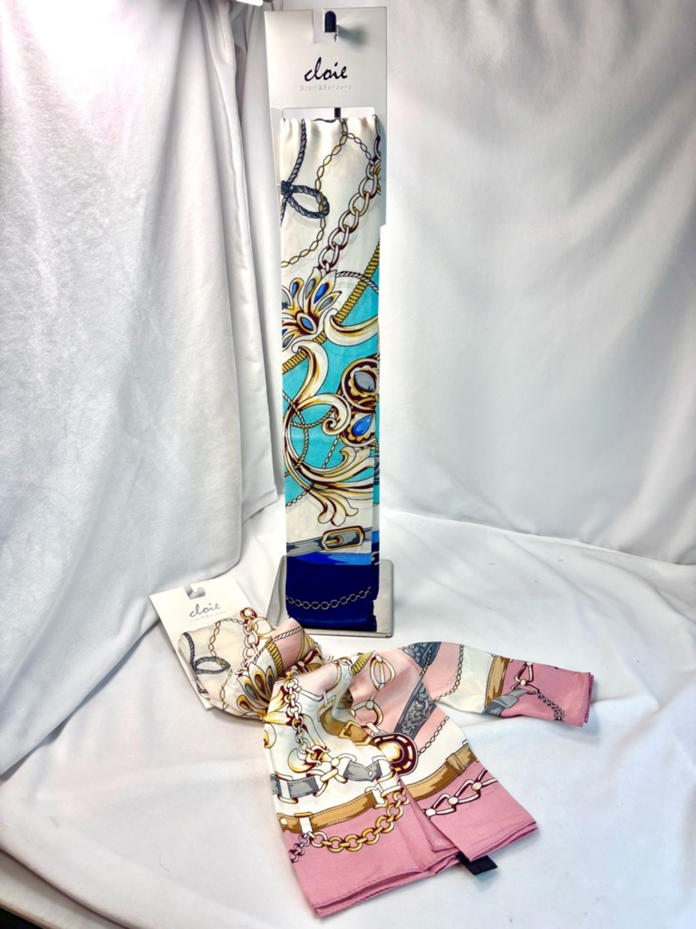 CLOIE Equestrian Chain & Belt Silk-Feel Square Scarfs — Pink & Blue - Picture 7 of 7